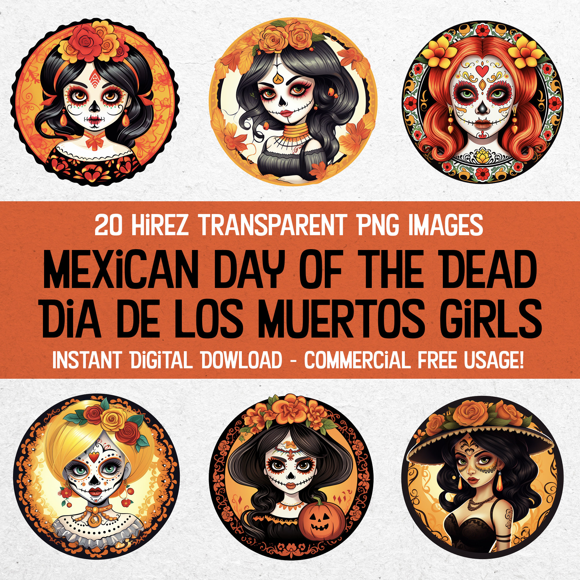 Dia de Los Muertos PNGs - 20 High-Quality Transparent Day of the Dead Images - Mexican Holiday Illustrations - Cute Digital Art Set
