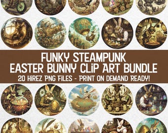 Unique 20 Bundle Funky Steampunk Easter Bunny Images, Vintage Easter Clipart, Printable PNG for Stickers, Scrapbooking, Merch, Sublimation