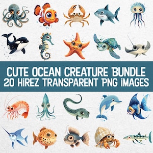 Adorable lot Ocean Life - 20 jolies créatures marines assorties, images PNG