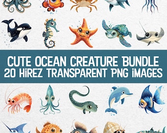 Adorable Ocean Life Bundle - 20 Cute Assorted Sea Creatures PNG Images