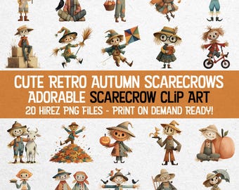 20 Cute & Unique Retro Scarecrow PNGs – Adorable Fall Clipart Bundle – Transparent Background – Autumn Merch – Thanksgiving Crafts