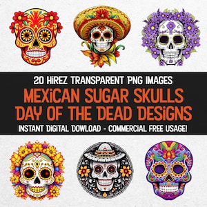 Bunte mexikanische Sugar Skull PNGs - Set mit 20 hochwertigen digitalen Kunstbildern - Day of the Dead Designs - Lebendige Calavera Illustrationen