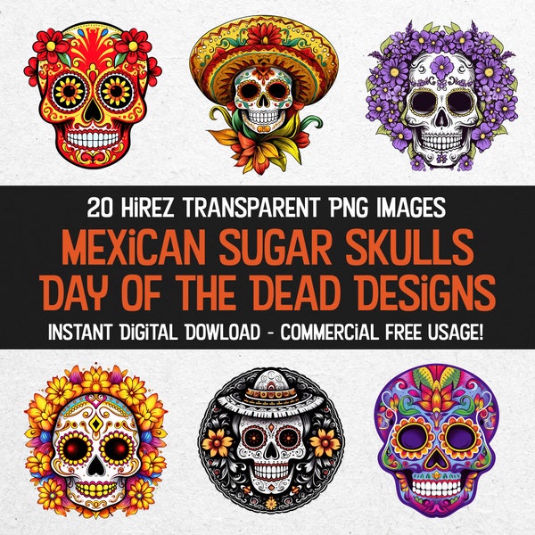 Colorful Mexican Sugar Skull PNGs - Set of 20 High-Quality Digital Art Images - Day of the Dead Designs - Vibrant Calavera Illustrations