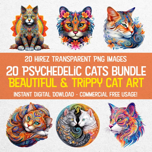 Beautiful Psychedelic Cat Images Bundle - 20 Unique and Trippy PNG Cat Designs for Digital Download