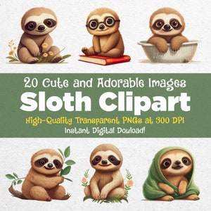 Cute and Adorable Sloth Clipart Bundle - 20 High-Quality PNGs for Scrapbooking, Product Merch and More!