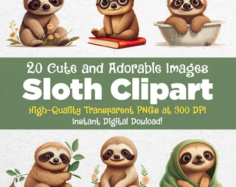 Cute and Adorable Sloth Clipart Bundle - 20 High-Quality PNGs for Scrapbooking, Product Merch and More!