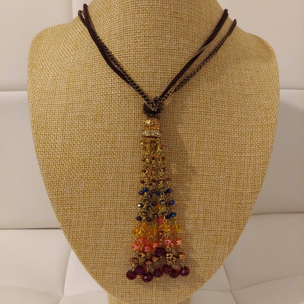 Vintage Ali-Khan New York Gold Tone and Multicolor Crystals 30" Pendant Necklace