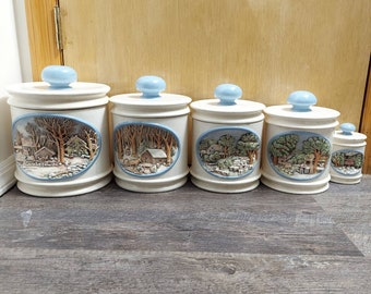 RARE Vintage Winter Country Scene Ceramic Canister Set of 5 (Some Chips)
