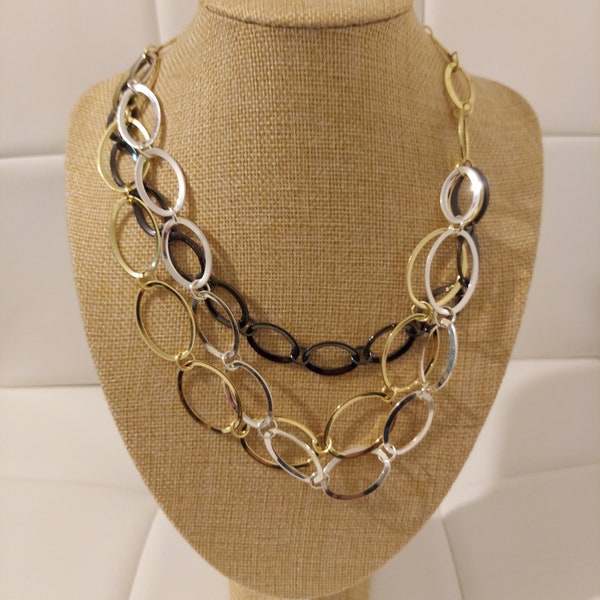 Vintage Daisy Fuentes Gold Silver & Black Tone Oval Hoops Chain 18" Necklace