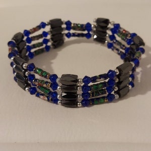 Vintage Blue Glass Enamel Art and Lodestone Magnetite Beads Adjustable Bracelet