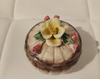 Vintage Nuova Capodimonte Floral Yellow and Red Roses 3" Porcelain Trinket Box