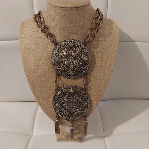 Vintage Gold & Silver Tone Chain Filigree Discs w Tassels 215 Gram 26&quot; Necklace