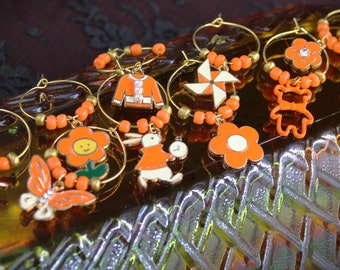 Orange Themed CREATIVE Wine Charm Collection - Customized Glass Markers for Wine Tasting, Artful Gift for Wine Lovers