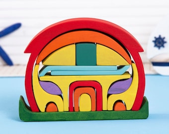 Wooden Toys For Kids Toddler, Wooden House Puzzle, Waldorf Inspired Toys, Baby Gift, Colorful Building Blocks, Educational Toy, Grimms Style