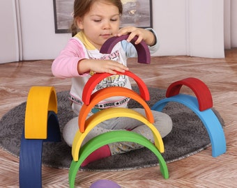 Wooden Rainbow Stacking Toys, Grimms Style, Waldorf Puzzle, Montessori Stacker, Semi Circle, Nesting Blocks, Nursery Decor, Gift For Kids
