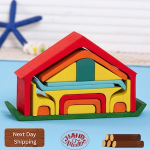 Wooden House Stacker Toys, Waldorf House Puzzle, Montessori Stacking, Nesting Blocks, Birthday Gift, Toddler Gift, Nursey Decor, Grimms Toys