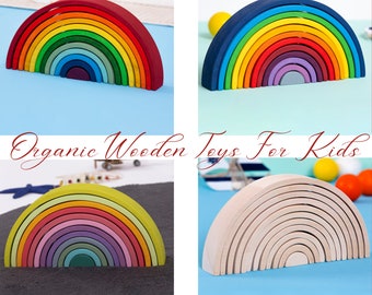 Wooden Rainbow Stacking Toys, Waldorf Puzzle, Grimms Sytle Toys, Montessori Rainbow Decor, Toddler Toys, Gift For Kids, Natural Baby Toys