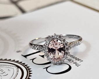 Oval Morganite Engagement Ring  , Oval Cut Morganite And Natural Diamonds D color, Morganite Ring, Morganite Bridal Set, CGL