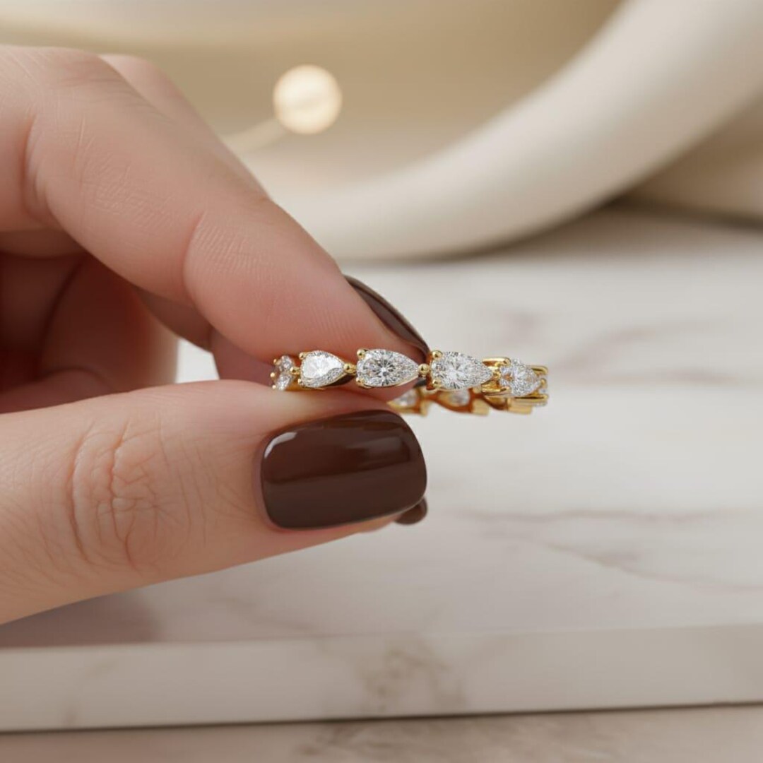 Pear Cut Lab Grown Diamond Eternity Ring, 14k Solid Gold Bezel Set - Etsy