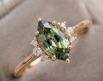 Anillo de zafiro verde de oro de 14 quilates, anillo de zafiro verde de 1 quilate, anillo minimalista con piedras preciosas, anillo con halo de diamantes, delicado anillo de oro, anillo de compromiso único