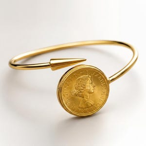Pode incluir: Uma pulseira aberta de tom dourado com uma banda de metal polido que termina numa forma de cone pontiagudo numa extremidade e um pendente de moeda circular na outra. A moeda apresenta um retrato de perfil da rainha Isabel II com texto.