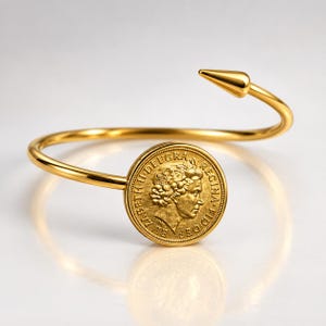 May include: A gold-toned open cuff bracelet featuring a circular coin pendant at one end and a pointed conical tip at the other. The coin displays a profile portrait of Queen Elizabeth II with the text ELIZABETH II DEI GRA REGINA FID DEF.