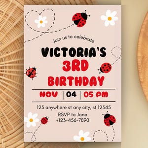 Modello di invito di compleanno a tema coccinella / Invito stampabile per la festa di compleanno di una bambina (1° e 2° anno) / Modificabile su Canva / Download immediato