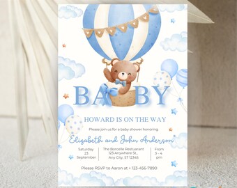 Editable Teddy Bear Baby Shower Invitation – Hot Air Balloon Theme – "We Can Bearly Wait" – Boy/Girl Neutral – Instant Download Template