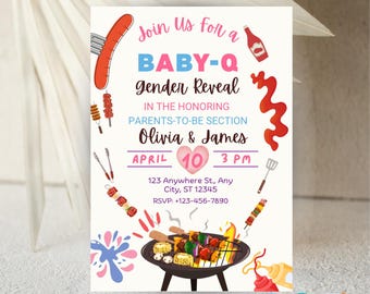 Baby-Q Gender Reveal Invitation: Backyard BBQ, Editable Canva Template