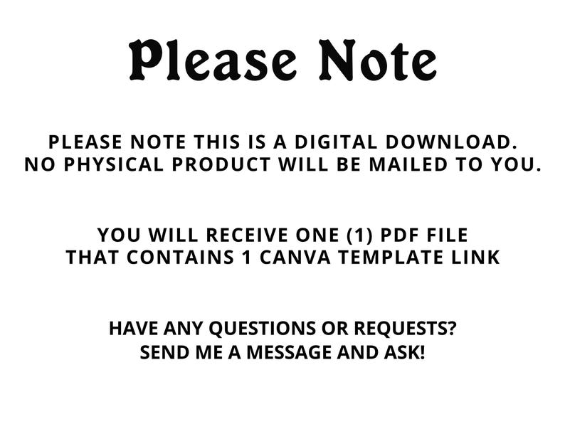 K&ouml;nnte beinhalten: Bitte beachten Sie: Dies ist ein digitaler Download. Es wird kein physisches Produkt an Sie versandt. Sie erhalten eine (1) PDF-Datei, die einen Link zu einer Canva-Vorlage enth&auml;lt. Haben Sie Fragen oder W&uuml;nsche? Senden Sie mir eine Nachricht und fragen Sie!