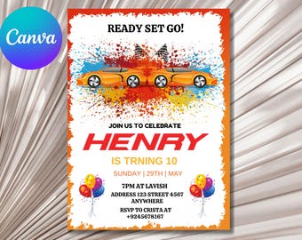 Race Car 2nd Birthday Invitation: Two Fast, Vintage Racecar (Editable Template, Digital Download)