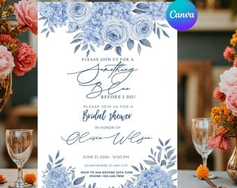 May include: A white invitation card with blue floral accents, including roses and hydrangeas. The card reads "Please join us for a Something Blue before I do!" and invites guests to a bridal shower in honor of Olivia Wilson.