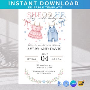 Pink or Blue Gender Reveal Invitation: Clothesline Design (Digital Download Canva Template 5x7 in)