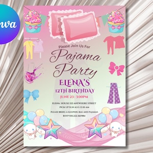 Pajama Party Birthday Invitation Spa Tween Teen Sleepover Slumber Birthday Party Invitation CANVA EDITABLE Instant download