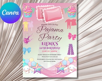Invitación de cumpleaños para fiesta de pijamas: pijamada en el spa, Canva editable (descarga digital)