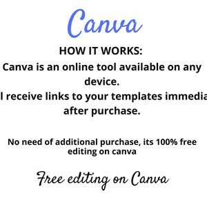 K&ouml;nnte beinhalten: Text, der erkl&auml;rt, wie man Canva verwendet, ein Online-Tool, das auf jedem Ger&auml;t verf&uuml;gbar ist. Es hei&szlig;t, dass Sie nach dem Kauf sofort Links zu Ihren Vorlagen erhalten. Es hei&szlig;t auch, dass kein zus&auml;tzlicher Kauf erforderlich ist, da die Bearbeitung auf Canva 100% kostenlos ist. Der Text "Free editing on Canva" ist in einer gr&ouml;&szlig;eren Schriftgr&ouml;&szlig;e geschrieben.