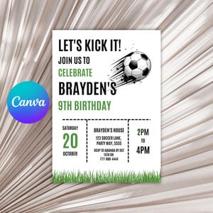Soccer Birthday Invitation Template, Editable Football Party Invite, Boy Girl Sports Theme Digital Download Canva