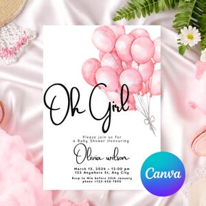 Könnte beinhalten: Eine Babyparty-Einladung mit dem Schriftzug "Oh Girl" in eleganter Schrift, begleitet von rosa Aquarellballons. Die Einladung enthält Details zur Veranstaltung: Datum, Uhrzeit, Ort und RSVP-Informationen. Das Canva-Logo ist sichtbar.