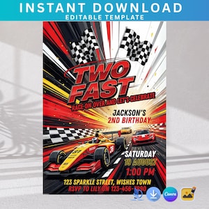 Two Fast Birthday Invitation: Race Car Party, Editable Canva Template (Digital Download)