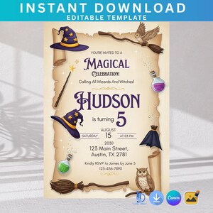 Editable Wizards Witches Birthday Invitation, Magic School Party Invite, Magical Birthday, Wizardry Theme, Printable Template