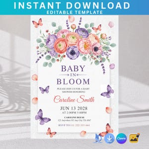 Könnte beinhalten: Eine Babyparty-Einladungsvorlage mit floralem Design. Die Einladung enthält den Text "Baby in Bloom" und Veranstaltungsdetails. Schmetterlinge und Blütenblätter sind an den Rändern verstreut. Die Worte "Sofort-Download" und "Bearbeitbare Vorlage" stehen oben.