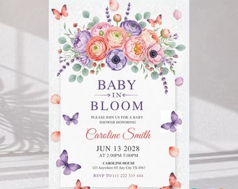 Butterfly Baby Shower Invitation: Purple Pink Wildflower, Baby in Bloom (Canva Template)