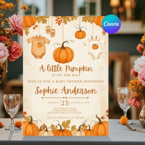 Könnte beinhalten: Eine Babyparty-Einladung mit Kürbis-Thema. Die Einladung enthält den Text "A little Pumpkin is on the way" und Details für Sophies Andersons Babyparty. Das Design umfasst Illustrationen von Kürbissen und Babykleidung.
