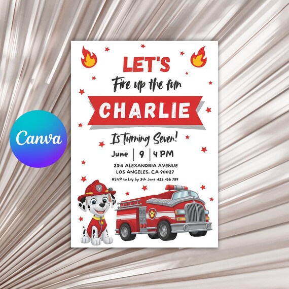 Convite de aniversário com caminhão de bombeiro dálmata: festa de