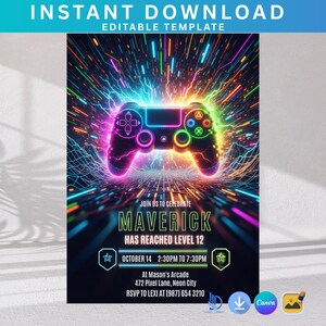 Puede incluir: Plantilla de invitación digital con diseño de neón. La imagen central es un mando de juego brillante. El texto dice "DESCARGA INSTANTÁNEA PLANTILLA EDITABLE" y "ÚNETE A CELEBRAR MAVERICK HA ALCANZADO EL NIVEL 12". Incluye fecha, hora y lugar.