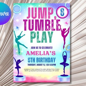 Jump tumble & play gymnastics birthday party invitation editable template | girls rainbow gymnastics theme birthday invite