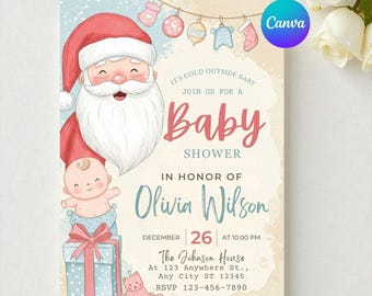 May include: Baby shower invitation with a Santa Claus illustration, a baby, and a gift box. The invitation text includes "Baby Shower" and details for Olivia Wilson's shower on December 26th at 10:00 PM. The design features pastel colors.