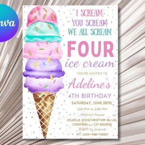 Ice Cream 4th Birthday Invitation: Pink, Mint, Gold (Editable Download)
