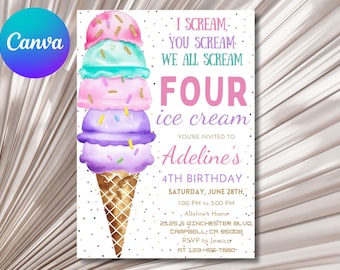 Ice Cream 4th Birthday Invitation: Pink, Mint, Gold (Editable Download)