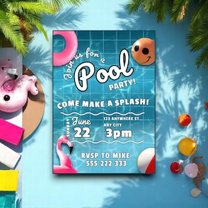 Editable Neon Pool Party Invitation: Tropical Tie Dye (Instant Download)
